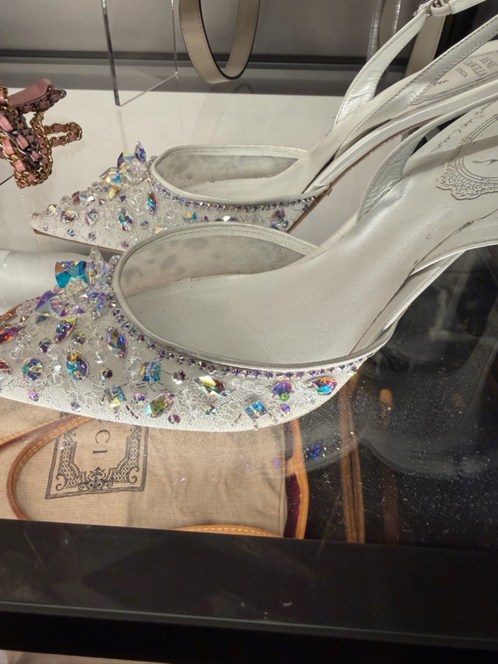 Rene Caovilla White Crystal-Embellished Pointed Slingback Heels